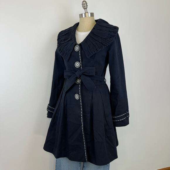 Nick and Mo Peter Pan Collared Button Front Navy Blue Tie Waist Long Jacket (M) - Picture 14 of 14